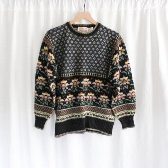 Vintage Sweaters - 80s Vintage Floral Fair Isle Crew Neck Sweater The Import Workshop Large